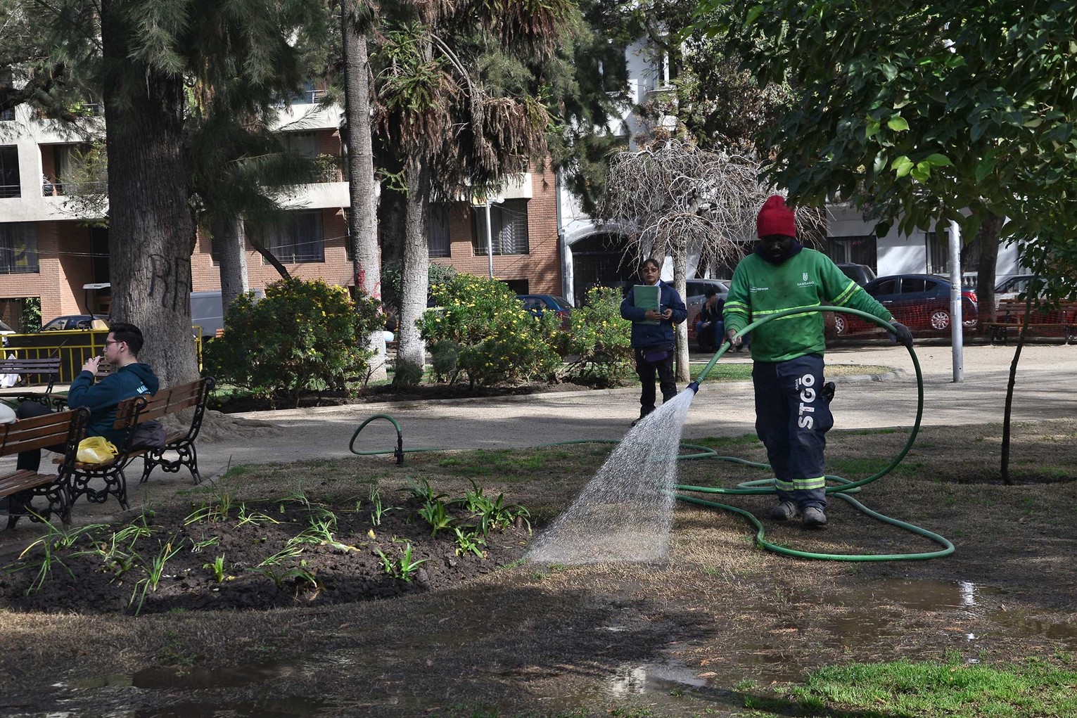 Man watering plants in park in Chile